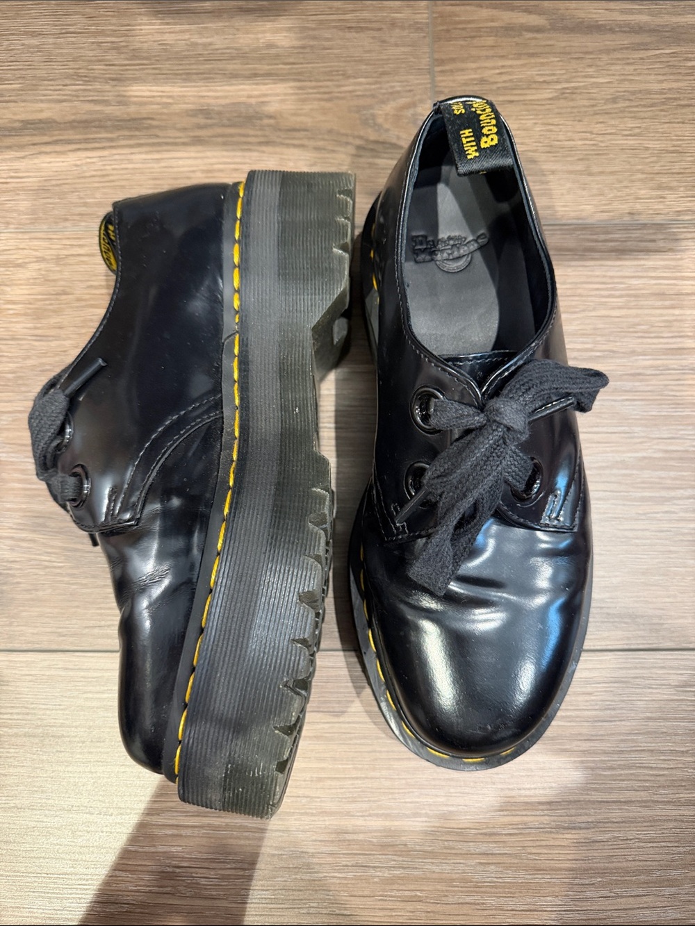 Dr. Martens Black Patent Platform Lace-Up Oxfords with Yellow Stitching